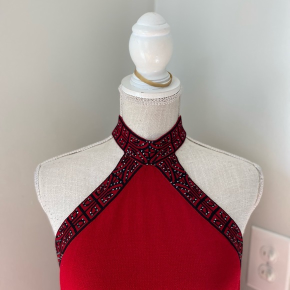 St John Evening by Marie Gray Red Black Halter Knit Dress - Picture 4 of 11
